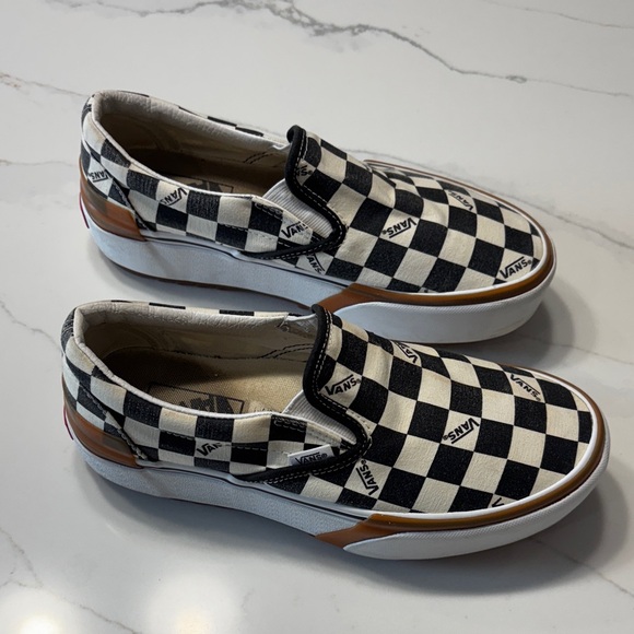 Vans Women's Checkered Slip-On Sneakers - Black, White, and Brown - Picture 6 of 15